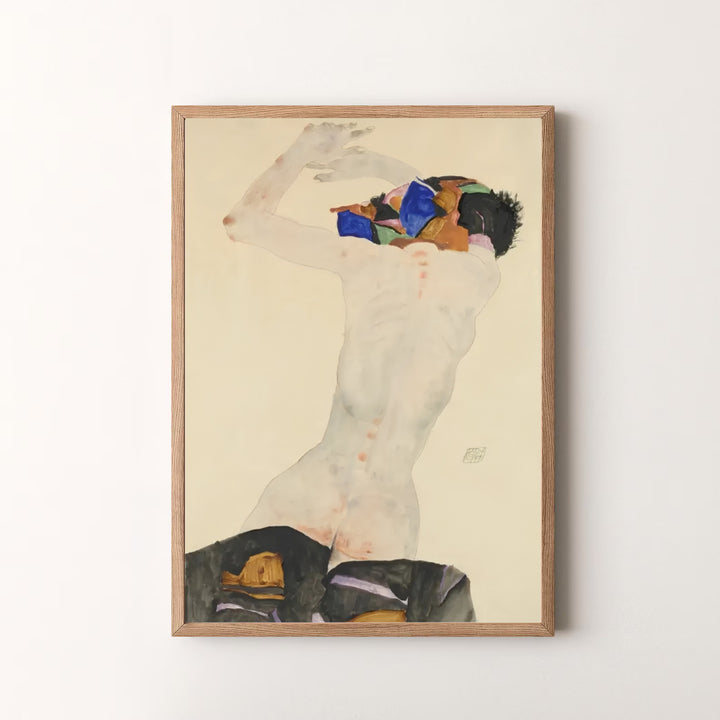 Vintage Expressionist figure study wall art of Egon Schiele Nude With Colorful Cloth 1911 preserved in Leopold Museum Vienna. MapYourDreams offers versatile framed prints, unframed paper wall poster decor, and gallery canvas print choices for every room in your home.