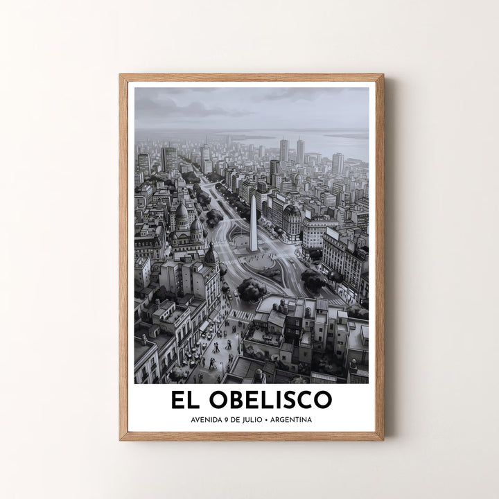 Elegant cityscape poster of El Obelisco on Avenida 9 de Julio rendered in high-contrast charcoal and silver tones. Available in the MapYourDreams studio, this geographic print is offered as unframed archival paper, framed wall art, or gallery canvas wraps.