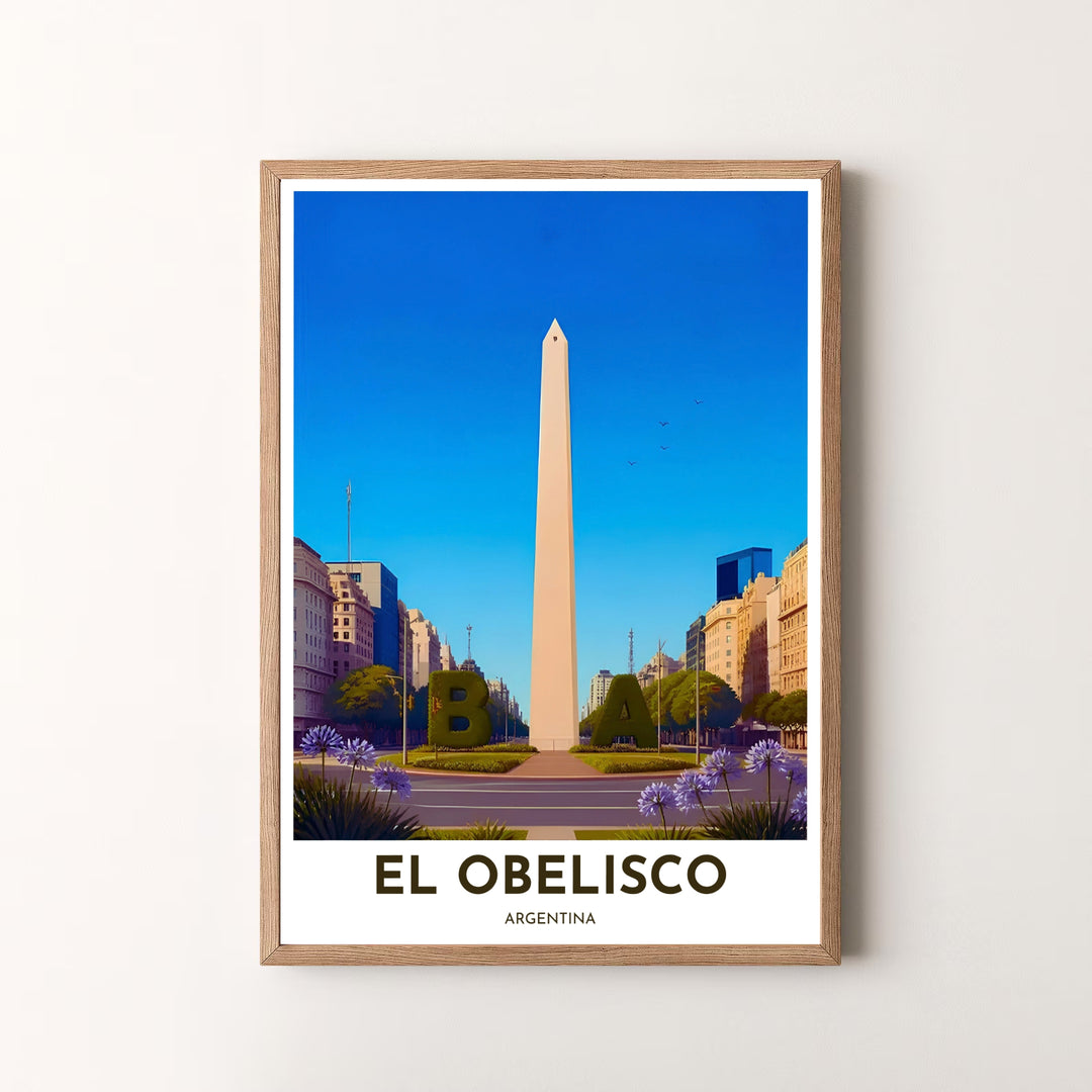 Modern travel artwork featuring a sunlit view of El Obelisco and Plaza de la Republica in Buenos Aires, Argentina. Available in the MapYourDreams studio, this geographic print is offered as unframed archival paper, framed wall art, or gallery canvas wraps.
