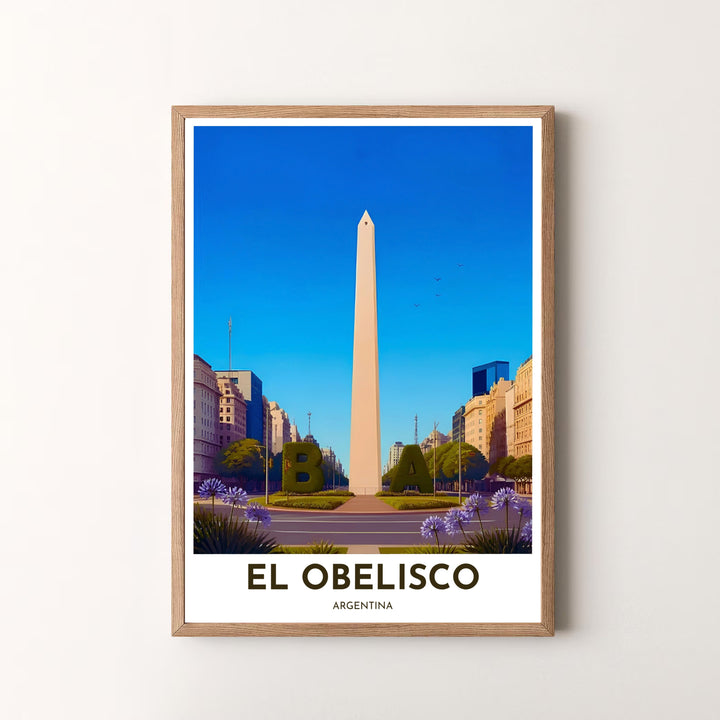 Modern travel artwork featuring a sunlit view of El Obelisco and Plaza de la Republica in Buenos Aires, Argentina. Available in the MapYourDreams studio, this geographic print is offered as unframed archival paper, framed wall art, or gallery canvas wraps.