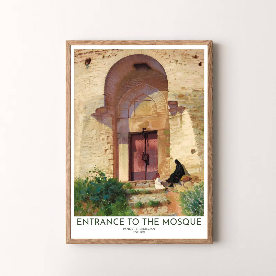 Classical fine art wall art print of Entrance to the Mosque by Panos Terlemezian with warm sun-drenched stone hues and rich shadows. Presented by MapYourDreams, this artwork is available in flexible options including unframed paper, custom wooden frames, and gallery canvas wraps for timeless wall decor.