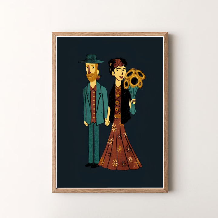 Decorative art history mashup print of Frida Kahlo And Van Gogh Couple 1939 capturing famous painter heritage in Coyoacán, Mexico City. MapYourDreams offers versatile framed prints, unframed paper wall decor, and gallery canvas print options for quirky wall setups.