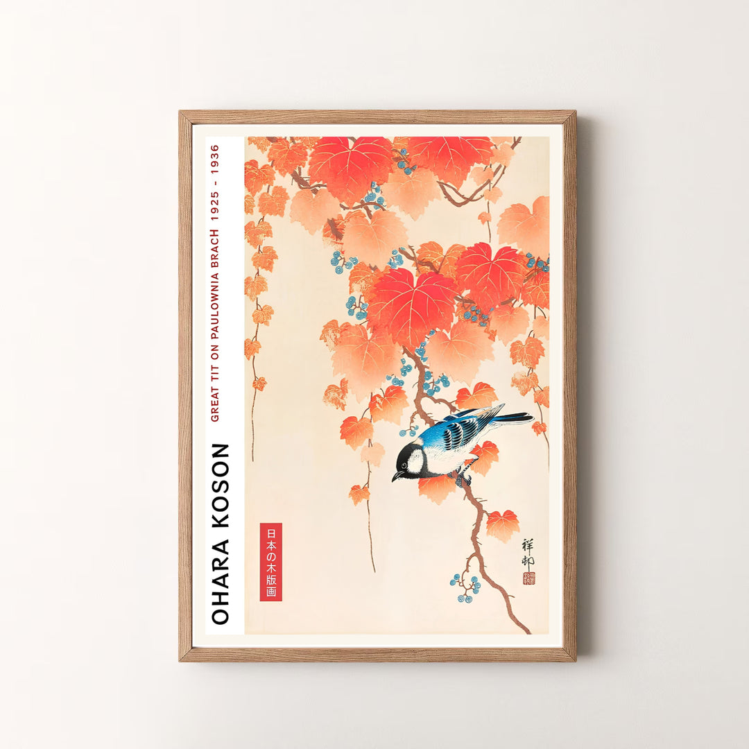 Beautiful 1925 1936 Japanese woodblock print by artist Ohara Koson featuring a Great Tit bird in an autumn orchard style inspired by Kamakura garden traditions. MapYourDreams offers versatile framed, unframed, and canvas print options.