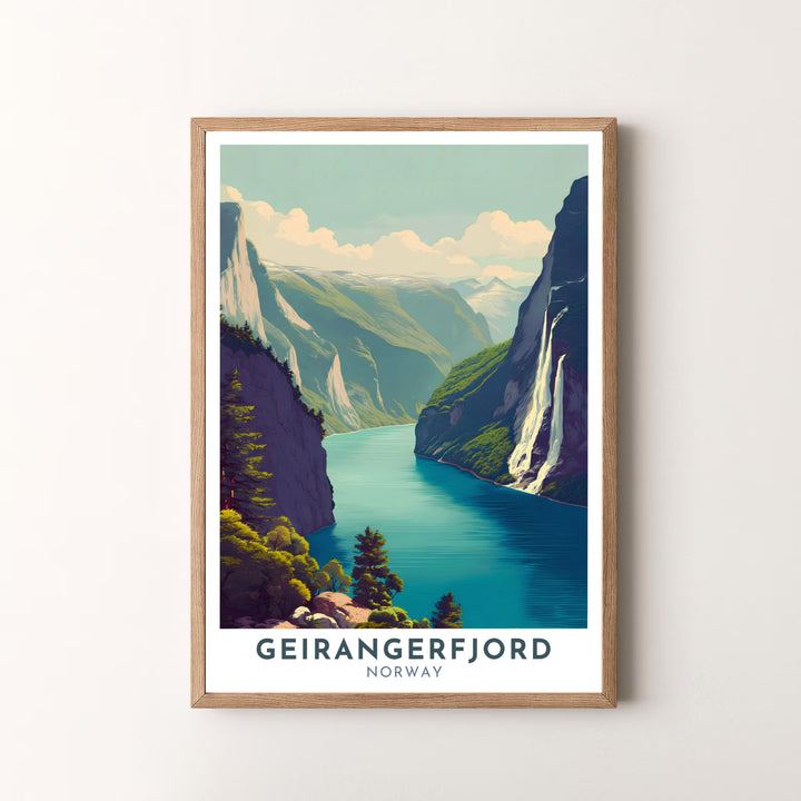 Scenic coastal mountain view of Geirangerfjord Norway rendered in deep blues, greens, and cream tones with vintage travel poster styling. Decorate your modern interior with this versatile print, offered as a fine art unframed print, gallery wrapped canvas, or elegant framed art piece.