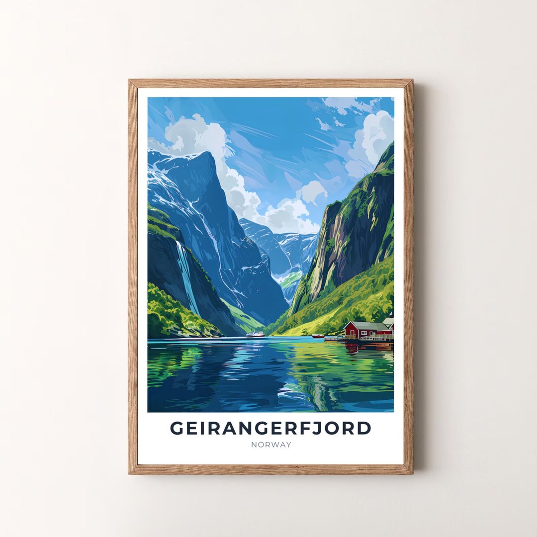 Scenic coastal view of Geirangerfjord Norway rendered in rich blues, greens, and white clouds with clean travel poster styling. Decorate your modern interior with this versatile print, offered as a fine art unframed print, gallery wrapped canvas, or elegant framed art piece.