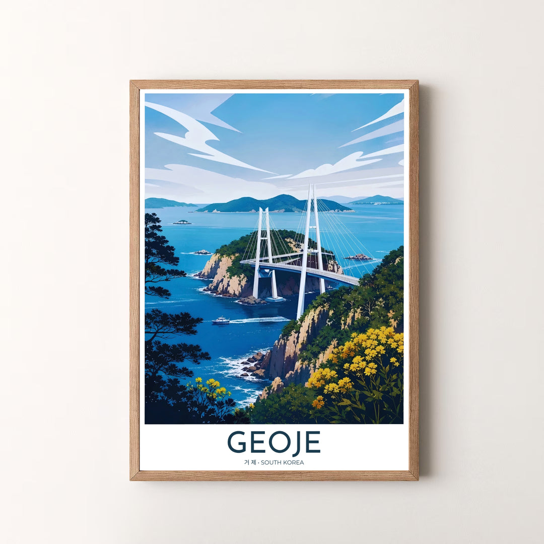 Fine art vector poster of Geoje, South Korea, depicting the unique harmony of modern coastal bridge engineering, rugged sea cliffs, and blooming yellow wildflowers. Offered by MapYourDreams, this artwork is available in flexible options including unframed paper, custom wooden frames, and gallery canvas wraps.