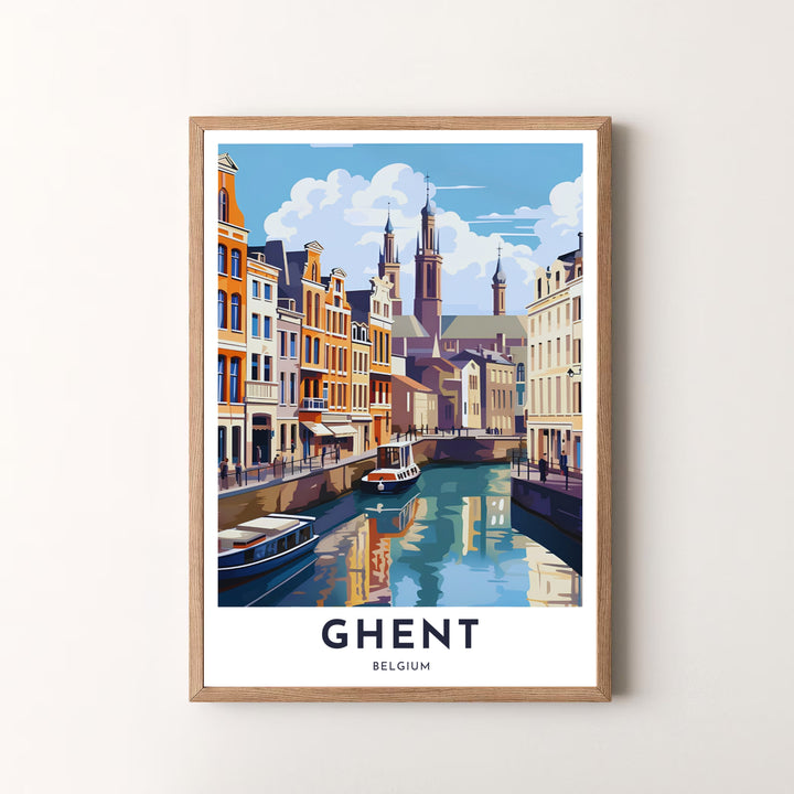 A striking travel illustration highlighting the bright canal reflections and medieval architecture of Ghent, Belgium. Offered by MapYourDreams, this artwork is available in flexible options including unframed paper, custom wooden frames, and gallery canvas wraps.