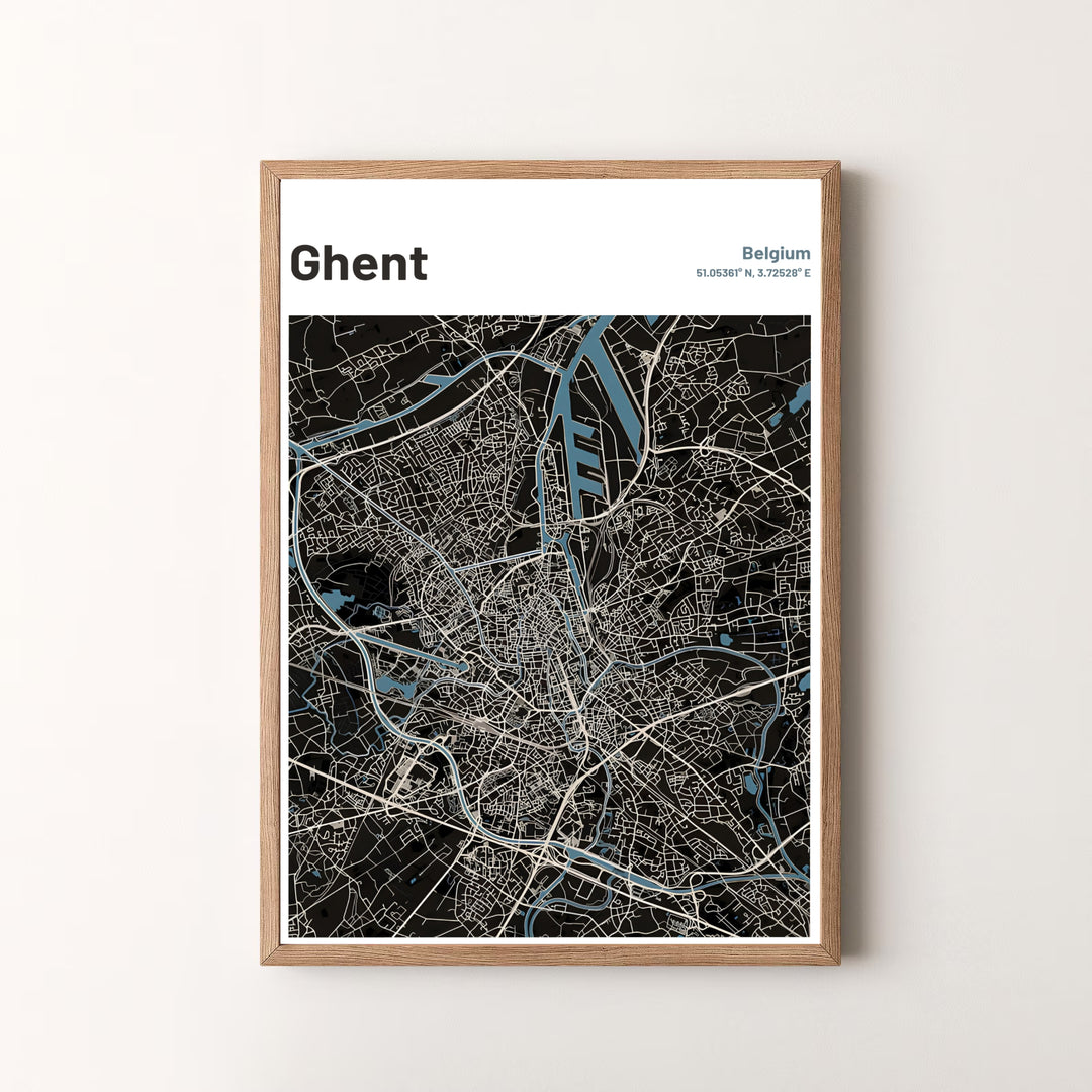 A striking urban map print featuring the dark charcoal background and blue waterways of Ghent, Belgium. Offered by MapYourDreams, this artwork is available in flexible options including unframed paper, custom wooden frames, and gallery canvas wraps.