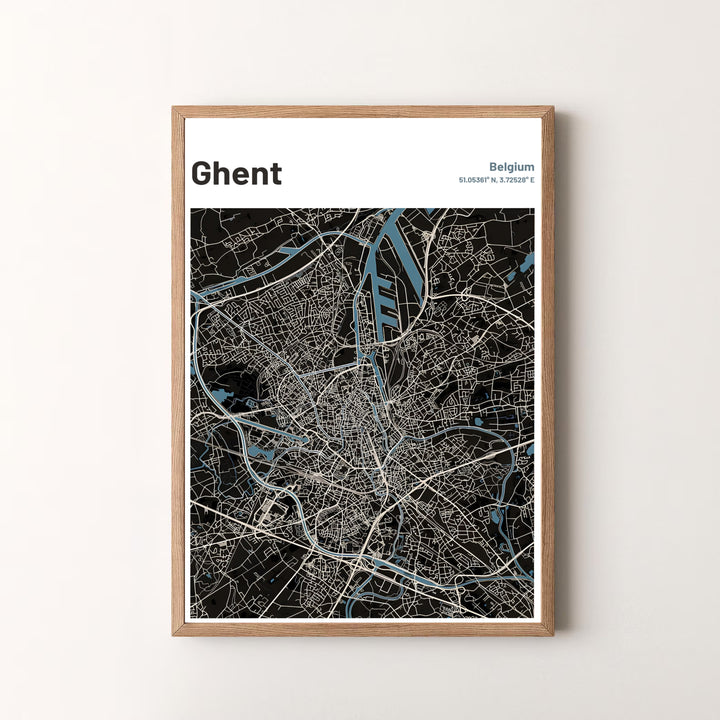 A striking urban map print featuring the dark charcoal background and blue waterways of Ghent, Belgium. Offered by MapYourDreams, this artwork is available in flexible options including unframed paper, custom wooden frames, and gallery canvas wraps.