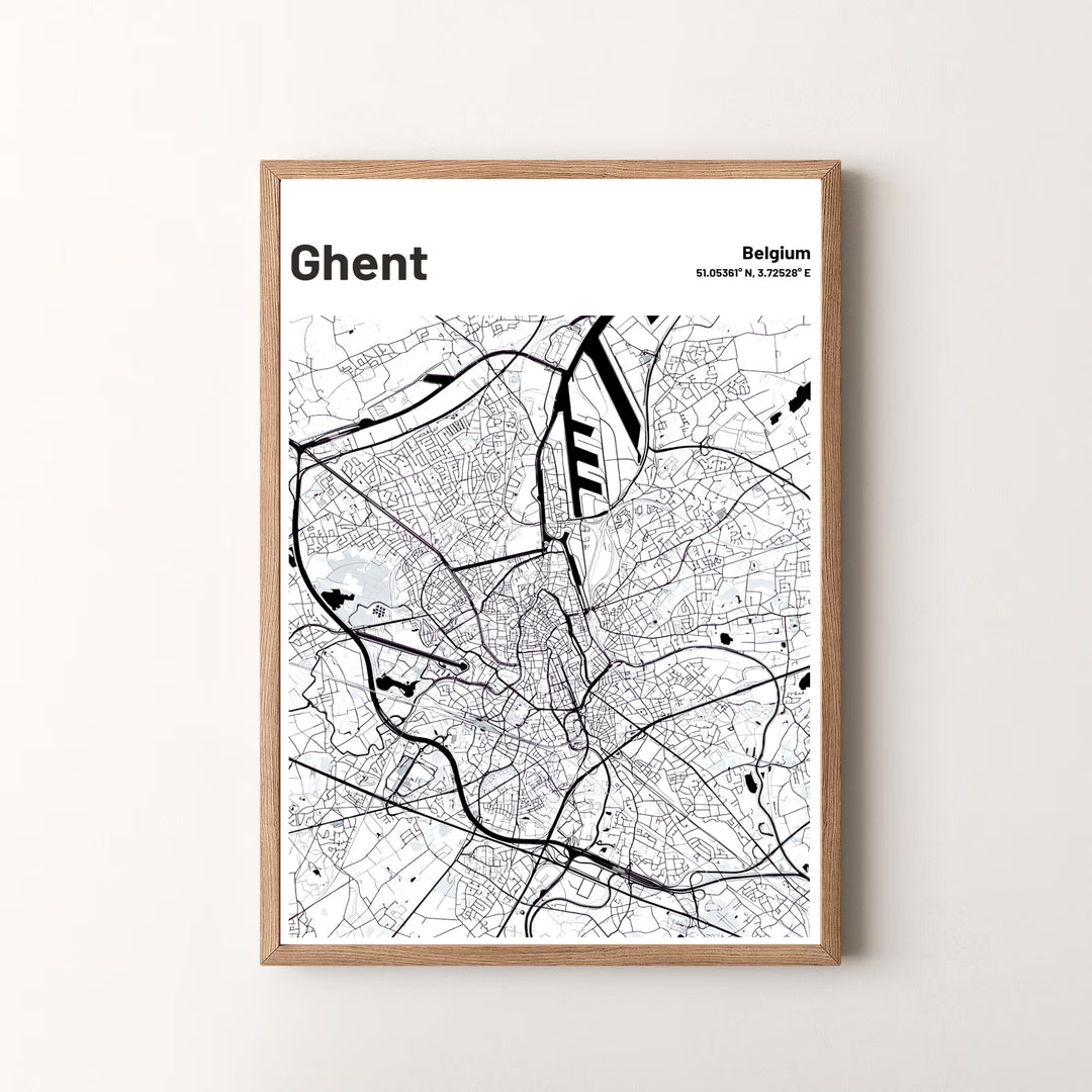 A striking urban map print featuring the crisp white background and black line art of Ghent, Belgium. Offered by MapYourDreams, this artwork is available in flexible options including unframed paper, custom wooden frames, and gallery canvas wraps.