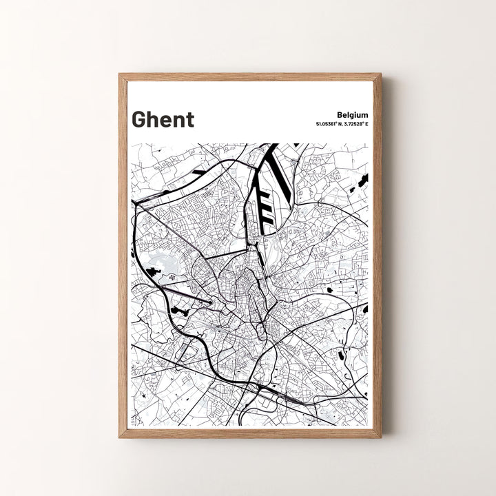 A striking urban map print featuring the crisp white background and black line art of Ghent, Belgium. Offered by MapYourDreams, this artwork is available in flexible options including unframed paper, custom wooden frames, and gallery canvas wraps.