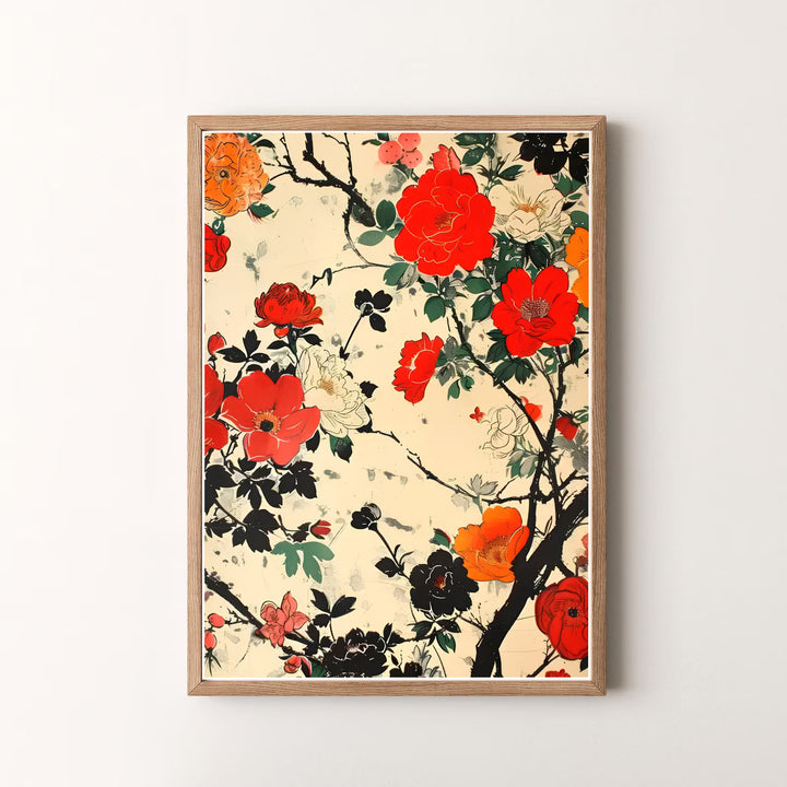 Beautiful Japanese woodblock print by artist Katsushika Hokusai featuring red peonies and white flowers in a summer garden style inspired by Kamakura garden traditions. MapYourDreams offers versatile framed, unframed, and canvas print options.