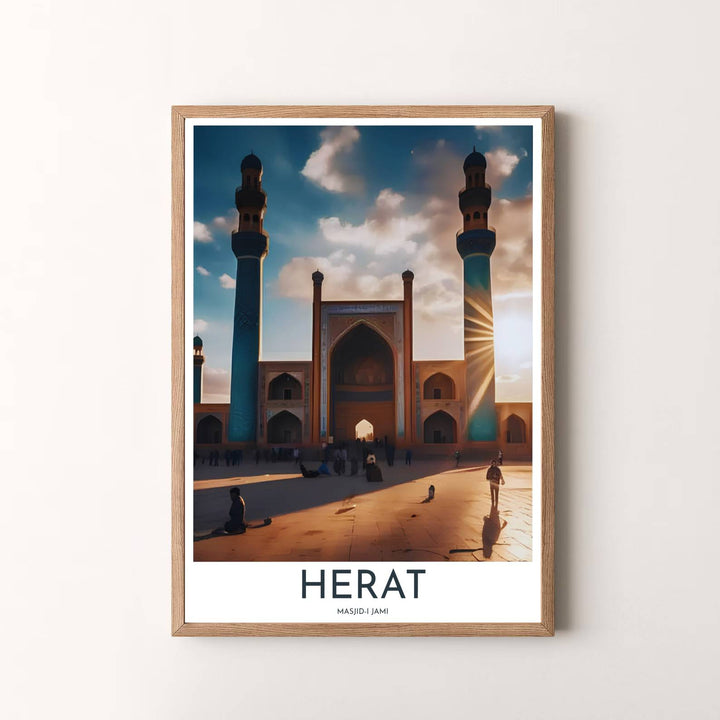 Dramatic travel wall art photo print of Great Mosque of Herat with golden sunset light and deep shadow contrast. Presented by MapYourDreams, this artwork is available in flexible options including unframed paper, custom wooden frames, and gallery canvas wraps for timeless wall decor.