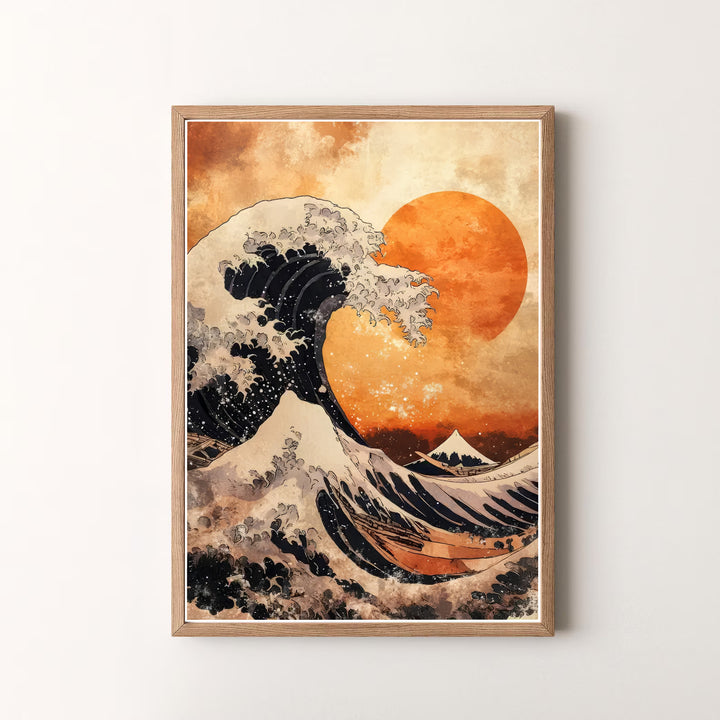 Beautiful Japanese woodblock print by artist Katsushika Hokusai featuring sunset spray and Mount Fuji off Kanagawa in a classic sea landscape style. MapYourDreams offers versatile framed, unframed, and canvas print options.