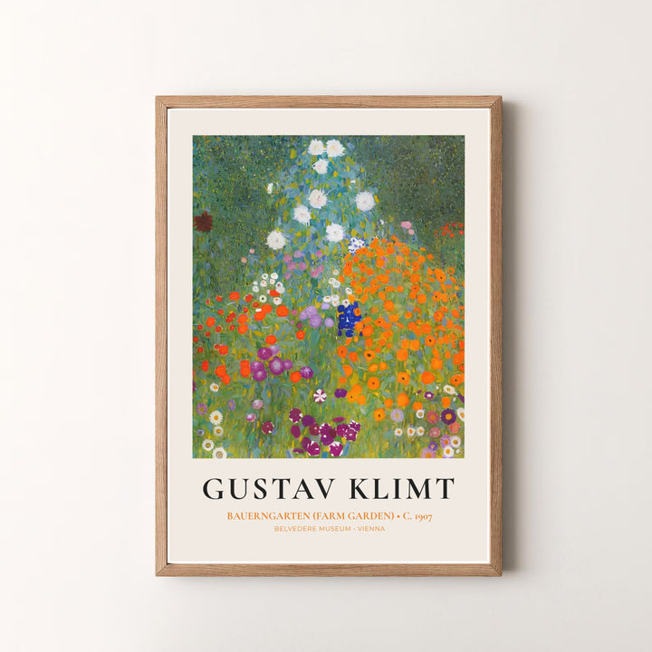 Decorative fine art print of Gustav Klimt Bauerngarten Farm Garden 1907 capturing authentic 20th-century Austrian garden art from Vienna, Austria. MapYourDreams offers versatile framed prints, unframed paper wall decor, and gallery canvas print choices for passionate art lovers.
