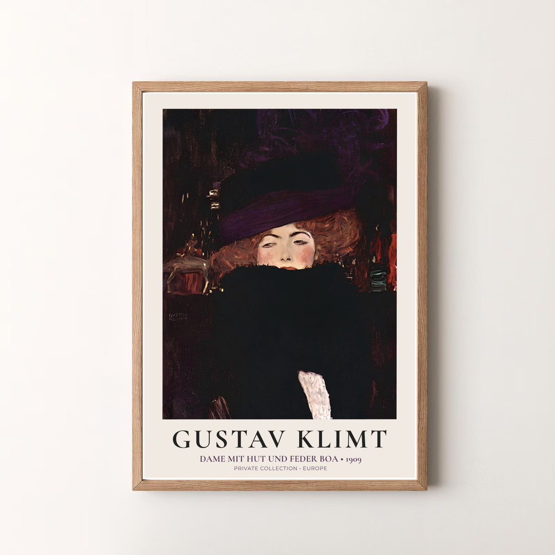 Decorative fine art poster of Gustav Klimt Dame Mit Hut Und Federboa 1909 capturing authentic 20th-century Austrian art from Europe. MapYourDreams offers versatile framed prints, unframed paper wall poster decor, and gallery canvas print choices for passionate art lovers.
