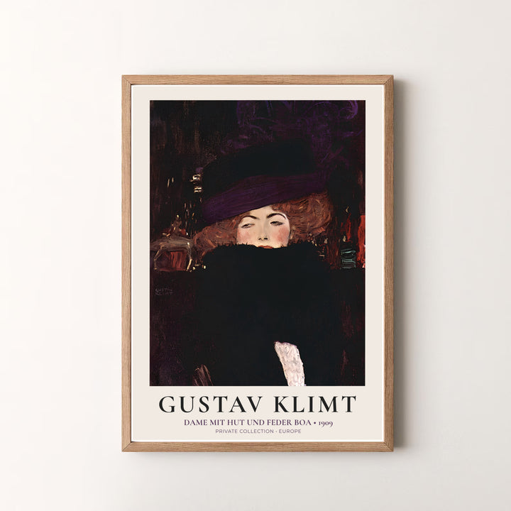 Decorative fine art poster of Gustav Klimt Dame Mit Hut Und Federboa 1909 capturing authentic 20th-century Austrian art from Europe. MapYourDreams offers versatile framed prints, unframed paper wall poster decor, and gallery canvas print choices for passionate art lovers.