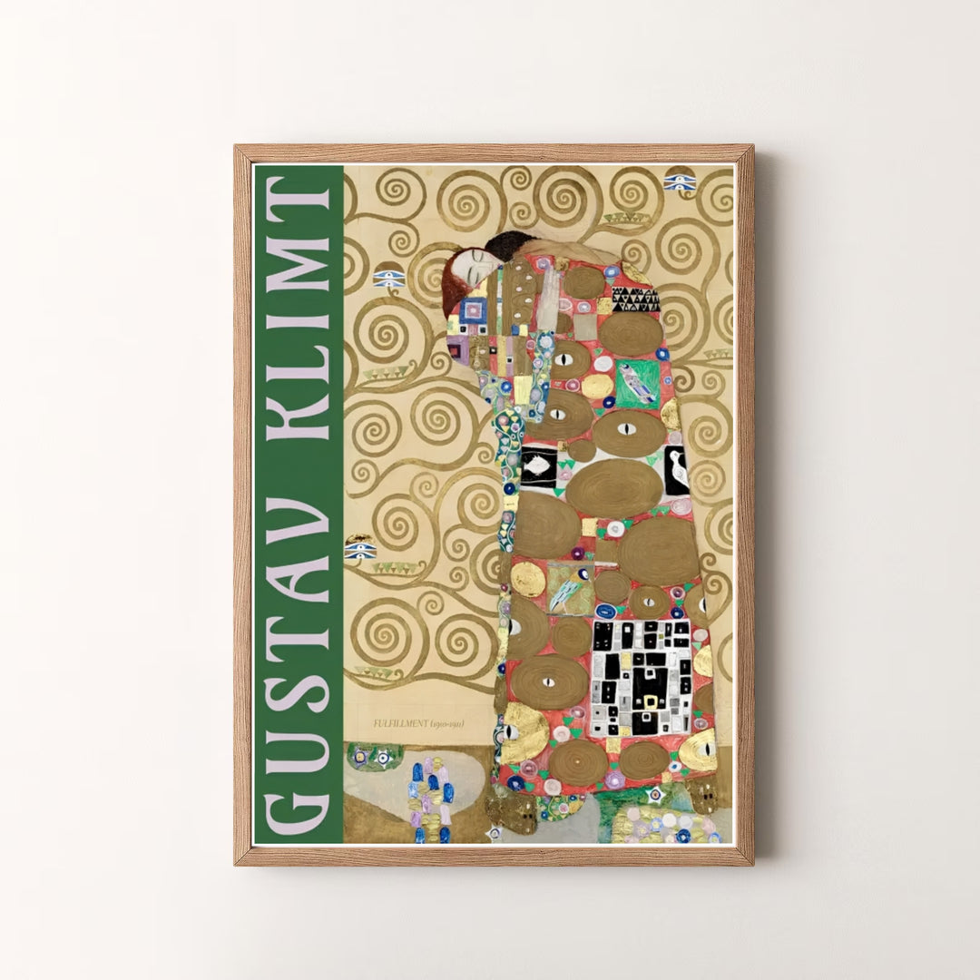 Decorative fine art poster of Gustav Klimt Fulfillment Die Erfullung 1909 capturing authentic 20th-century Austrian art from the Stoclet Palace in Brussels Belgium. MapYourDreams offers versatile framed prints, unframed paper wall poster decor, and gallery canvas print choices.