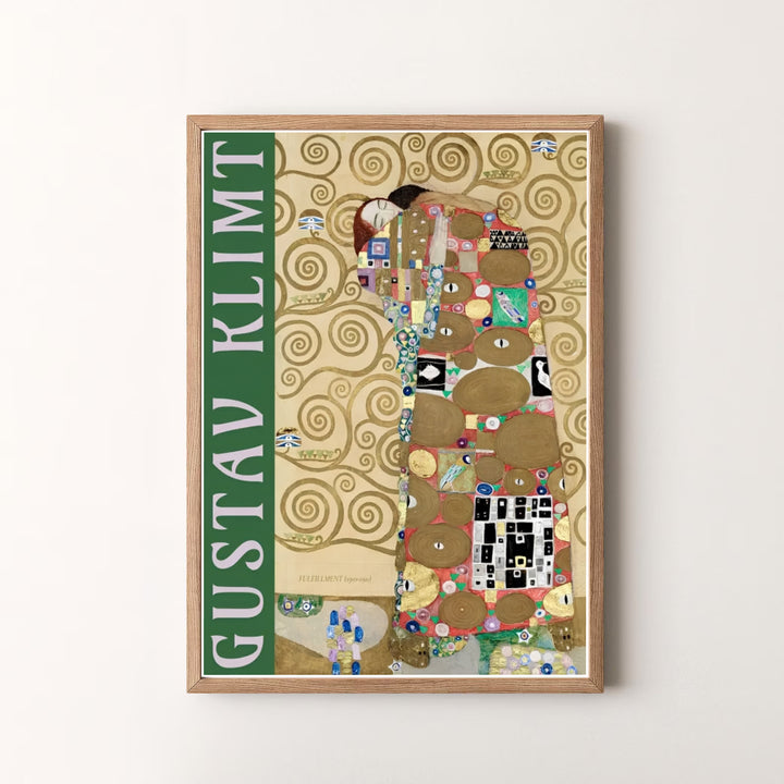 Decorative fine art poster of Gustav Klimt Fulfillment Die Erfullung 1909 capturing authentic 20th-century Austrian art from the Stoclet Palace in Brussels Belgium. MapYourDreams offers versatile framed prints, unframed paper wall poster decor, and gallery canvas print choices.
