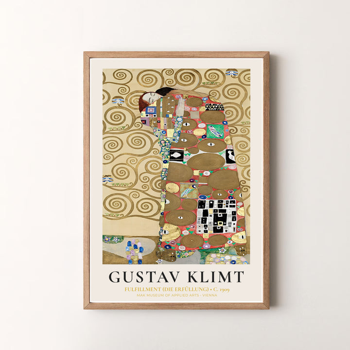 Decorative fine art poster of Gustav Klimt Fulfillment Die Erfüllung 1909 capturing authentic 20th-century Austrian art from the Palais Stoclet in Brussels Belgium. MapYourDreams offers versatile framed prints, unframed paper wall poster decor, and gallery canvas print choices for every room.