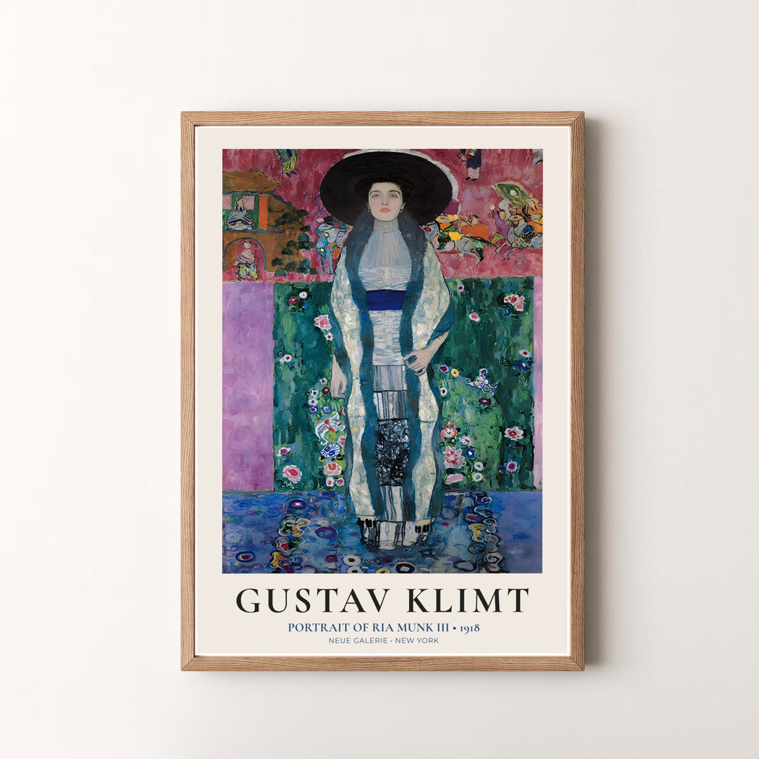 Bold floral fine art poster of Gustav Klimt Portrait Of Ria Munk III 1918 capturing authentic early 20th-century Austrian art from Neue Galerie New York. MapYourDreams offers versatile framed prints, unframed paper wall poster decor, and gallery canvas print choices for every room.