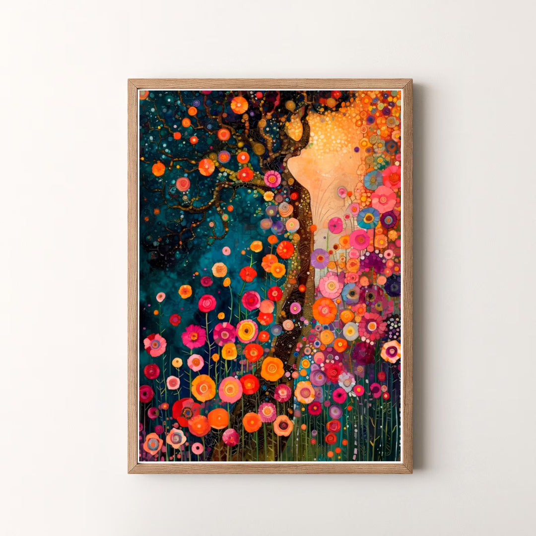 High-definition fantasy nature poster of Gustav Klimt Style Dream Of Flowers portraying a whimsical botanical paradise. Order custom framed wall art, unframed poster prints, and stretched gallery canvas formats directly at MapYourDreams store for immediate wall transformation.