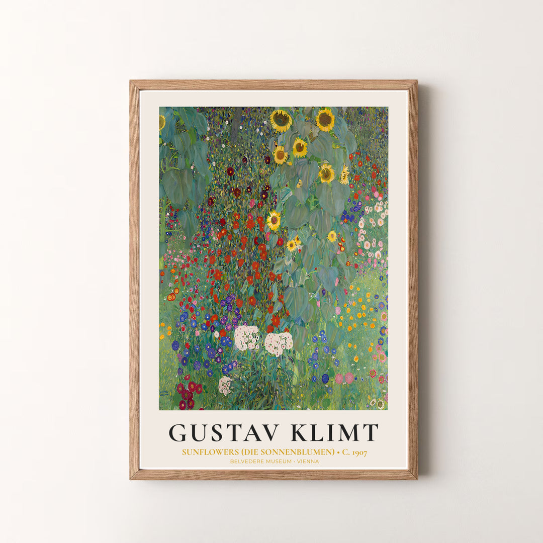 Vintage Secessionist botanical wall art of Gustav Klimt Sunflowers Die Sonnenblumen 1907 preserved in Belvedere Museum Vienna. MapYourDreams offers versatile framed prints, unframed paper wall poster decor, and gallery canvas print choices for every room in your home.