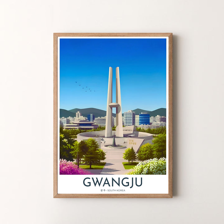Fine art vector print of Gwangju, South Korea, illustrating the historic May 18 Memorial Monument surrounded by lush gardens, city architecture, and rolling mountain vistas. Offered by MapYourDreams, this artwork is available in flexible options including unframed paper, custom wooden frames, and gallery canvas wraps.