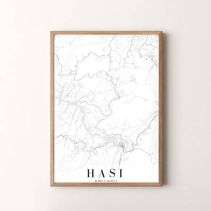Modern Scandinavian-style map artwork depicting Has District, Albania, designed to bring subtle geographical elegance to your interior decor. Choose your presentation from unframed paper stock, custom wood frames, or stretched gallery canvas.