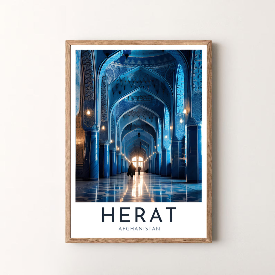 Exhibition style wall art print of Herat Blue Mosque Afghanistan showcasing cobalt arch perspectives in a gallery format, offered by MapYourDreams as an unframed art print, gallery canvas print, or custom framed wall art in retro white and silver frame choices.