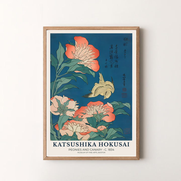 Beautiful Japanese woodblock print Peonies and Canary by artist Katsushika Hokusai featuring a flying songbird and peonies in a museum style in Boston. MapYourDreams offers versatile framed, unframed, and canvas print options.