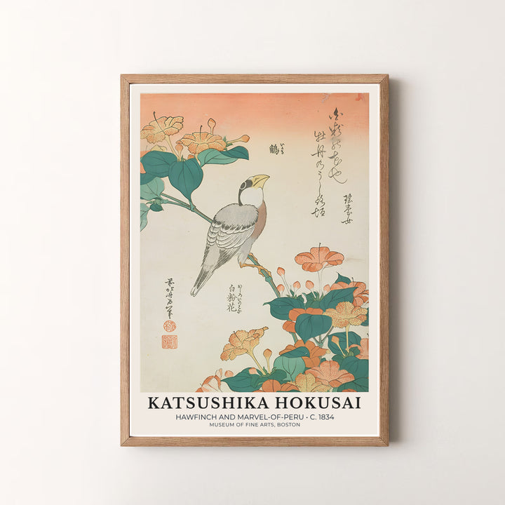 High-definition Japanese bird print Hawfinch and Marvel-of-Peru artwork by artist Katsushika Hokusai referencing museum collections in Boston. Order custom framed, unframed, and canvas print options at MapYourDreams.