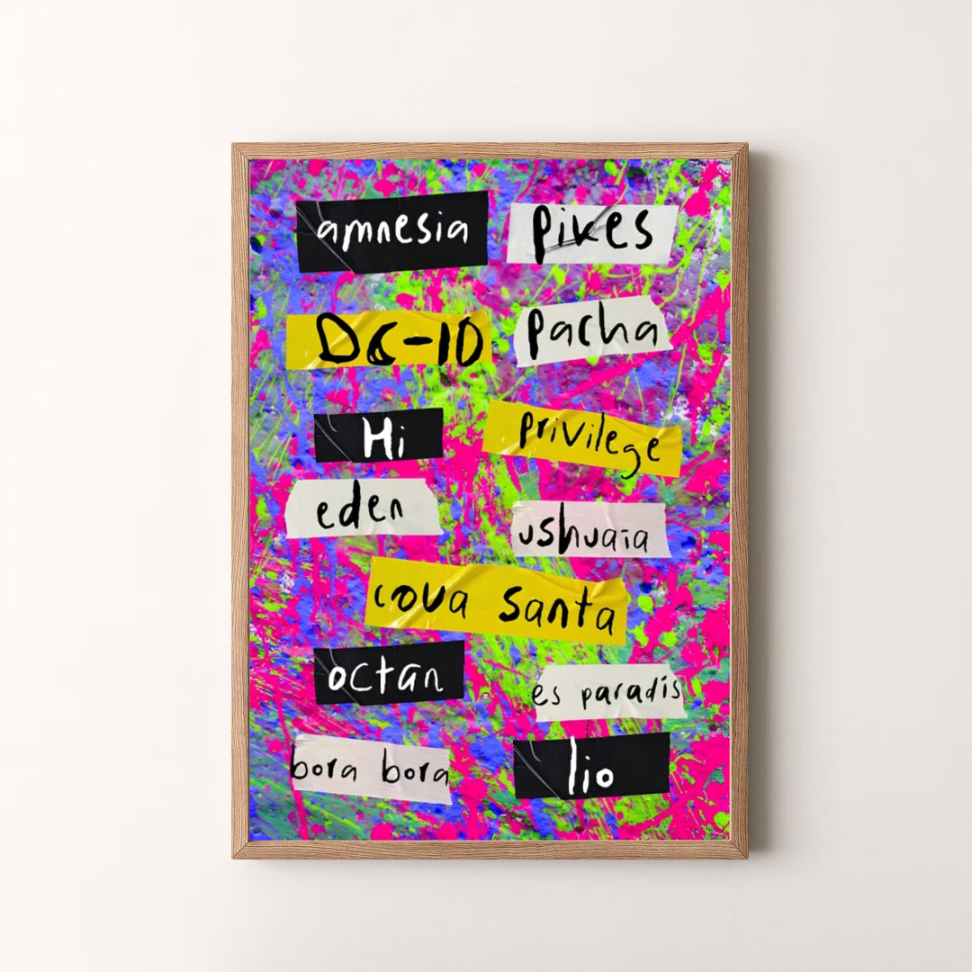 Urban pop art music poster showcasing high-contrast neon splatters and iconic nightlife spots in Ibiza, Spain, available at MapYourDreams as an unframed print, stretched canvas, or custom framing options to complement cheerful modern interior layouts.