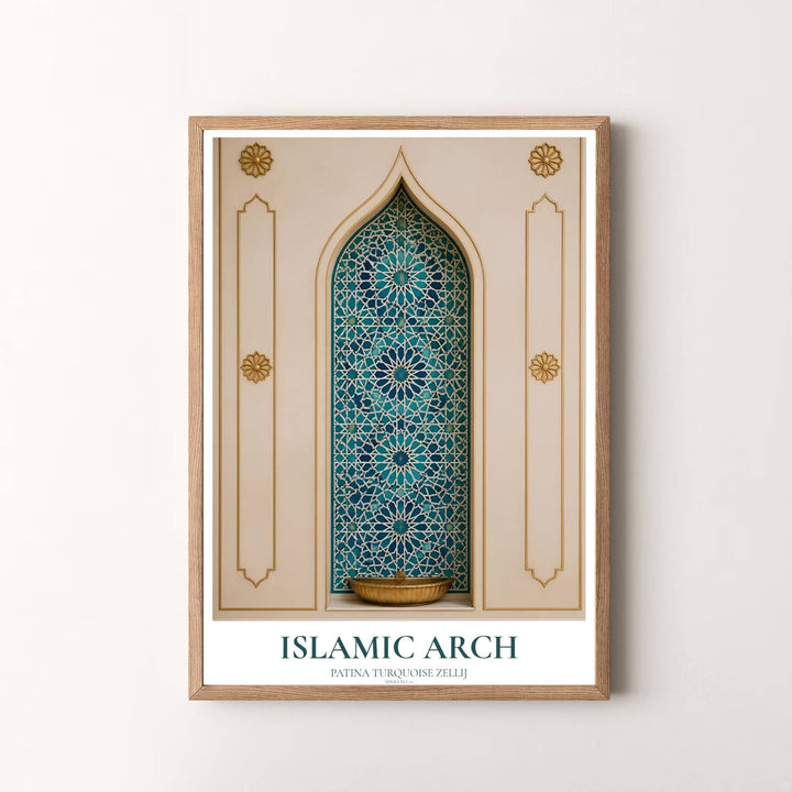 Radiant architectural wall art photo print of an Islamic arch with patina turquoise mosaic tiles and warm cream plaster framing. Presented by MapYourDreams, this artwork is available in flexible options including unframed paper, custom wooden frames, and gallery canvas wraps for timeless wall decor.