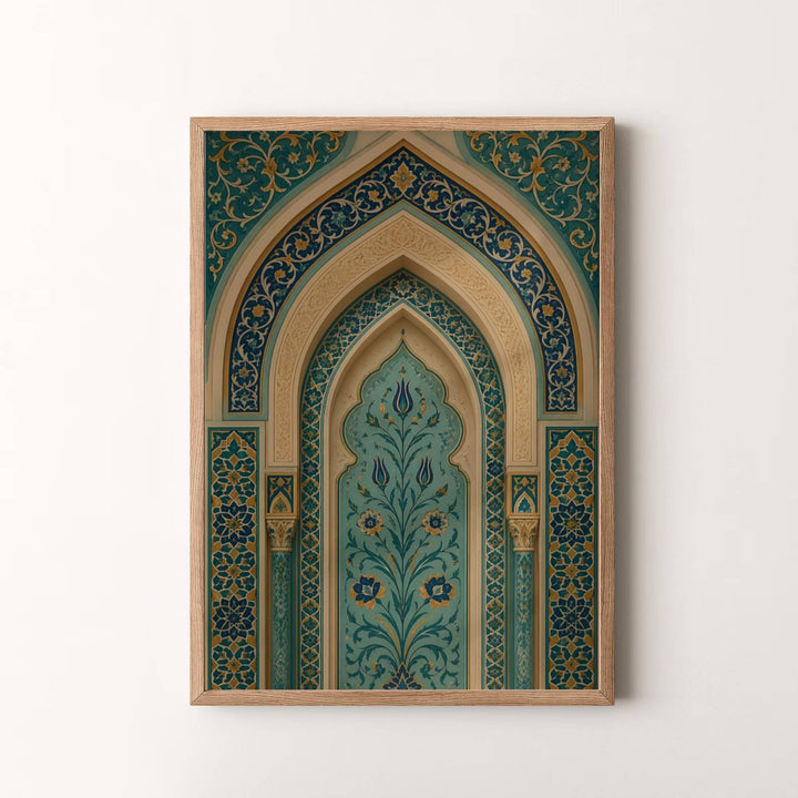 Radiant architectural wall art photo print of an Islamic arch with turquoise Ottoman tulip tiles and warm cream sandstone framing. Presented by MapYourDreams, this artwork is available in flexible options including unframed paper, custom wooden frames, and gallery canvas wraps for timeless wall decor.