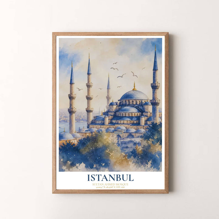 Vibrant travel wall art print of Istanbul Blue Mosque with atmospheric sky bleeds and soft evening light tones. Presented by MapYourDreams, this artwork is available in flexible options including unframed paper, custom wooden frames, and gallery canvas wraps for timeless wall decor.