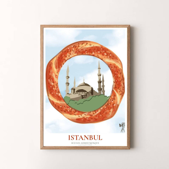 Creative vector travel art print featuring a golden sesame simit bread framing the Blue Mosque in Istanbul Turkey. Offered by MapYourDreams, this artwork is available in flexible options including unframed paper, custom wooden frames, and gallery canvas wraps for room decor.