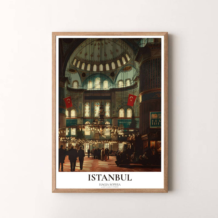 Radiant travel wall art print of Istanbul Hagia Sophia interior with atmospheric chandelier glow and golden warmth. Presented by MapYourDreams, this artwork is available in flexible options including unframed paper, custom wooden frames, and gallery canvas wraps for timeless wall decor.