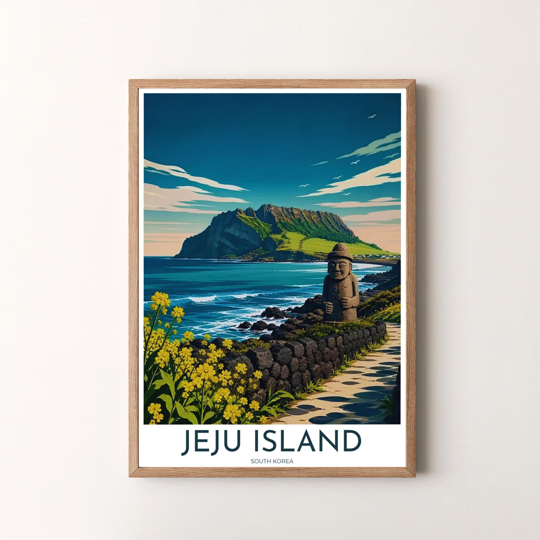 Fine art vector poster of Jeju Island, South Korea, depicting the unique harmony of volcanic stone structures, coastal ocean currents, and lush green island peaks. Offered by MapYourDreams, this artwork is available in flexible options including unframed paper, custom wooden frames, and gallery canvas wraps.
