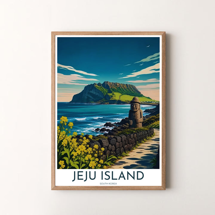 Fine art vector poster of Jeju Island, South Korea, depicting the unique harmony of volcanic stone structures, coastal ocean currents, and lush green island peaks. Offered by MapYourDreams, this artwork is available in flexible options including unframed paper, custom wooden frames, and gallery canvas wraps.