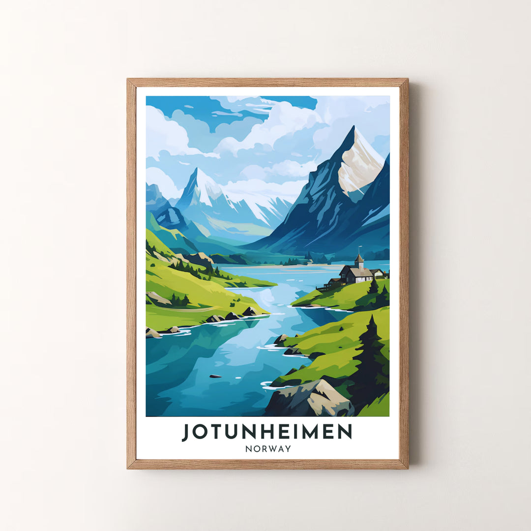 Scenic alpine landscape view of Jotunheimen Norway rendered in crisp blues, vibrant greens, and majestic white clouds with clean travel poster typography. Decorate your modern interior with this versatile print, offered as a fine art unframed print, gallery wrapped canvas, or elegant framed art piece.