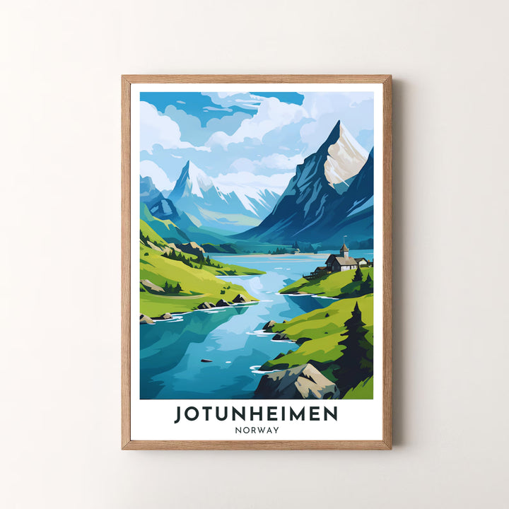 Scenic alpine landscape view of Jotunheimen Norway rendered in crisp blues, vibrant greens, and majestic white clouds with clean travel poster typography. Decorate your modern interior with this versatile print, offered as a fine art unframed print, gallery wrapped canvas, or elegant framed art piece.