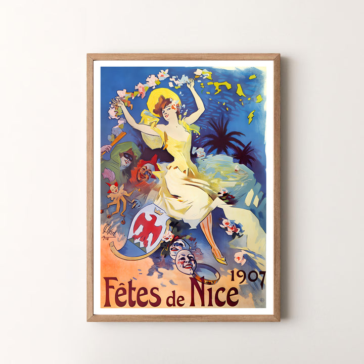 Elegant Belle Époque poster print Fêtes De Nice by artist Jules Chéret featuring theatrical masks in Nice France on the French Riviera. MapYourDreams offers versatile framed, unframed, and canvas print options.