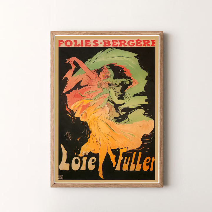 Elegant Belle Époque poster print Loïe Fuller Folies Bergère by artist Jules Chéret featuring theater credits in Paris France. MapYourDreams offers versatile framed, unframed, and canvas print options.
