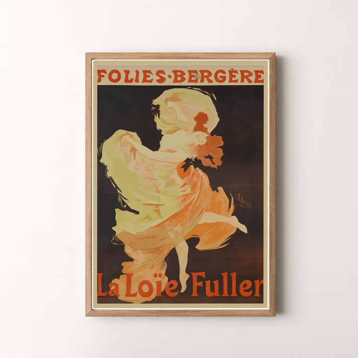 Elegant Belle Époque poster print La Loïe Fuller Folies Bergère by artist Jules Chéret featuring theater credits in Paris France. MapYourDreams offers versatile framed, unframed, and canvas print options.