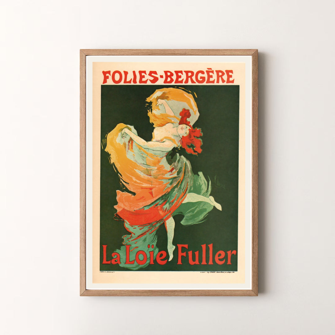 Elegant Belle Époque poster print Folies Bergère La Loïe Fuller by artist Jules Chéret featuring theater credits in Paris France. MapYourDreams offers versatile framed, unframed, and canvas print options.