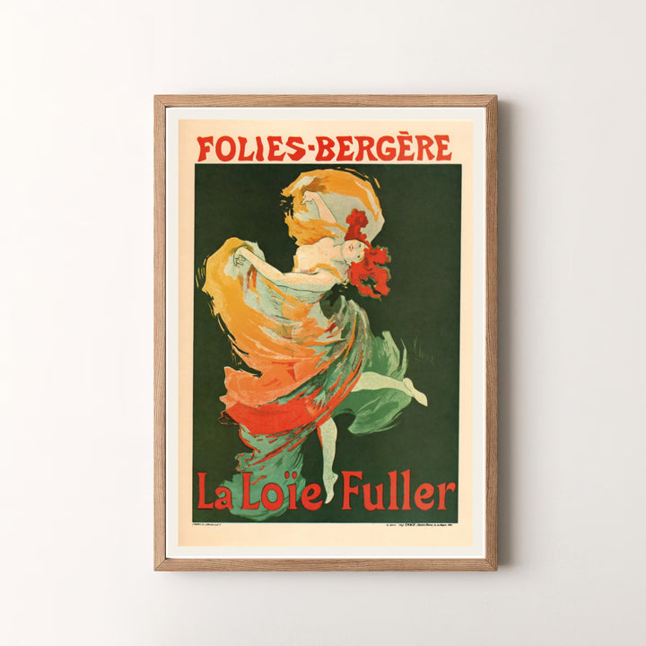 Elegant Belle Époque poster print Folies Bergère La Loïe Fuller by artist Jules Chéret featuring theater credits in Paris France. MapYourDreams offers versatile framed, unframed, and canvas print options.
