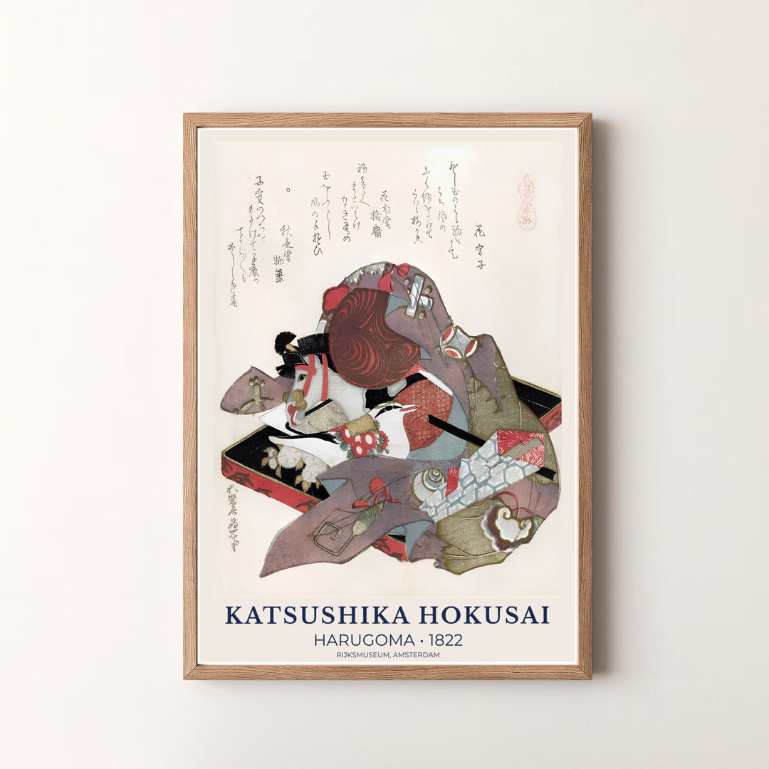 High-definition Japanese Surimono print of Harugoma 1822 artwork by artist Katsushika Hokusai referencing museum collections in Amsterdam. Order custom framed, unframed, and canvas print options at MapYourDreams.