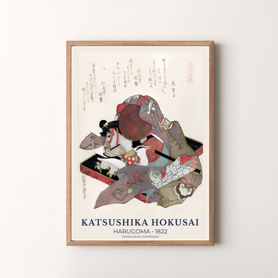 High-definition Japanese Surimono print of Harugoma 1822 artwork by artist Katsushika Hokusai referencing museum collections in Amsterdam. Order custom framed, unframed, and canvas print options at MapYourDreams.