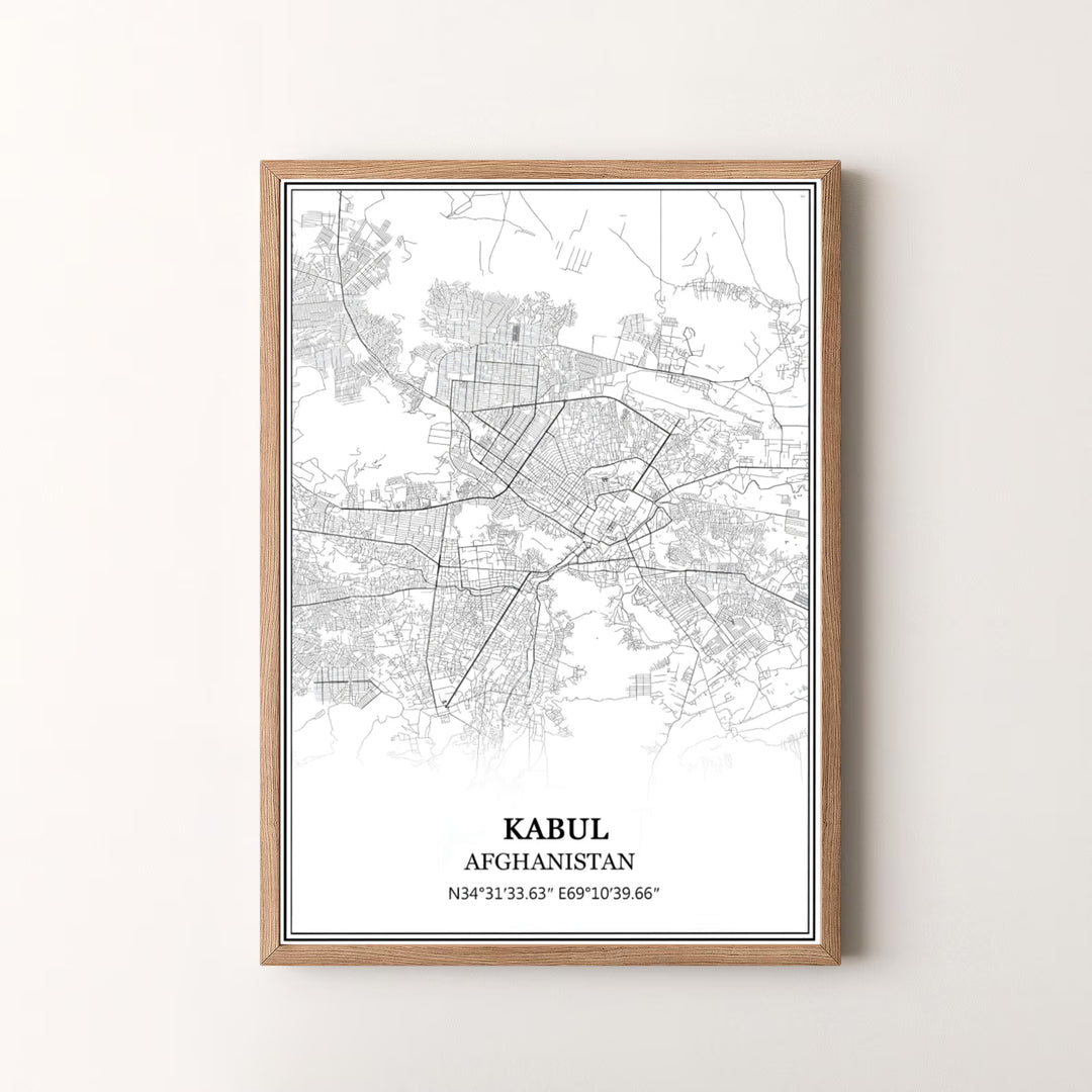 Geographic line cartography print of Kabul Afghanistan showcasing road networks and precise coordinates in black ink, offered by MapYourDreams as an unframed art print, gallery canvas print, or custom framed wall art in retro white and silver frame choices.